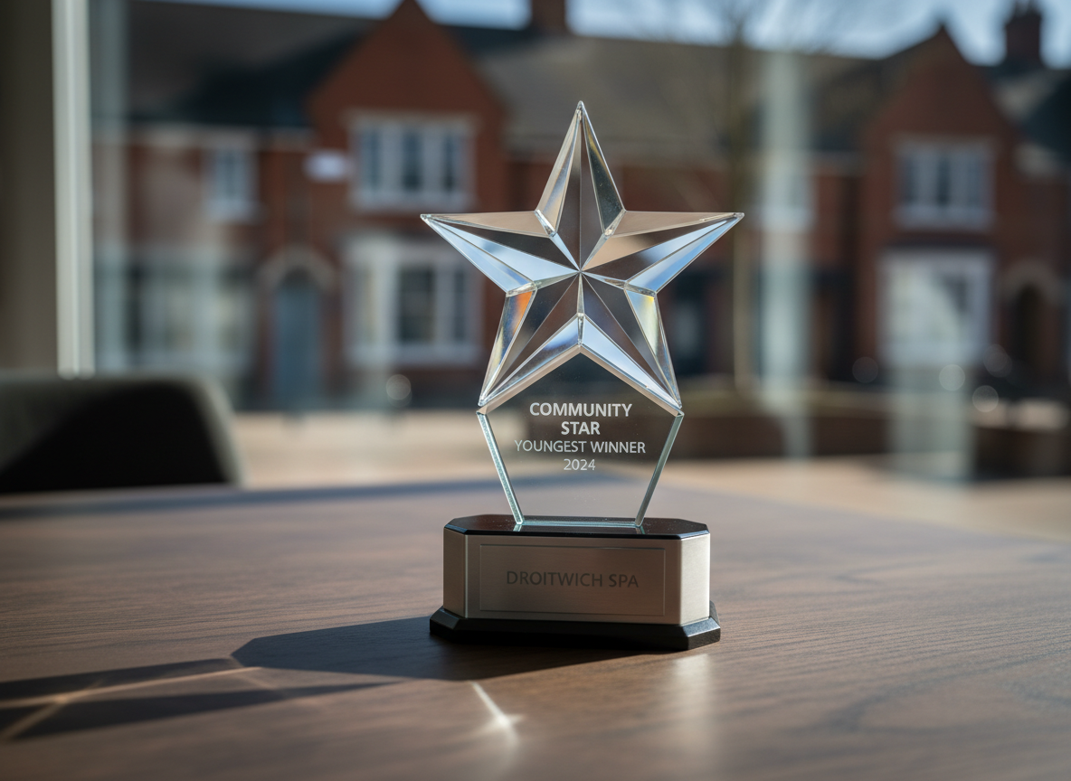 A polished glass and metal community award trophy standing prominently on a dark oak table, its engraved star-shaped top catching the light in crisp photographic detail. Behind it, a softly blurred backdrop shows a subtle outline of Droitwich Spa’s town center with brick buildings and greenery, recognizable but not dominant. Cool daylight streams from an unseen window to the left, creating sharp, professional reflections across the trophy’s facets and a clean shadow on the tabletop. Shot at eye level with a shallow depth of field, the composition places the trophy slightly off-center for a modern, corporate feel, conveying prestige, achievement, and the significance of being the youngest Community Star Award winner.