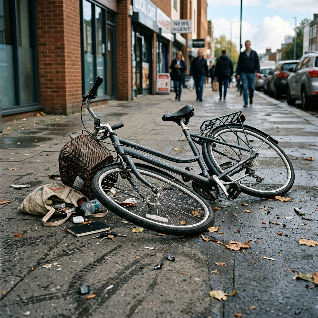 Bicycle on the ground beside a basket and scattered personal belongings on a wet urban pavement